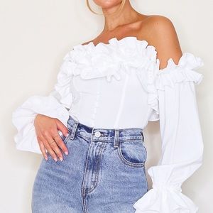 White Ruffle Hem Off Shoulder Top